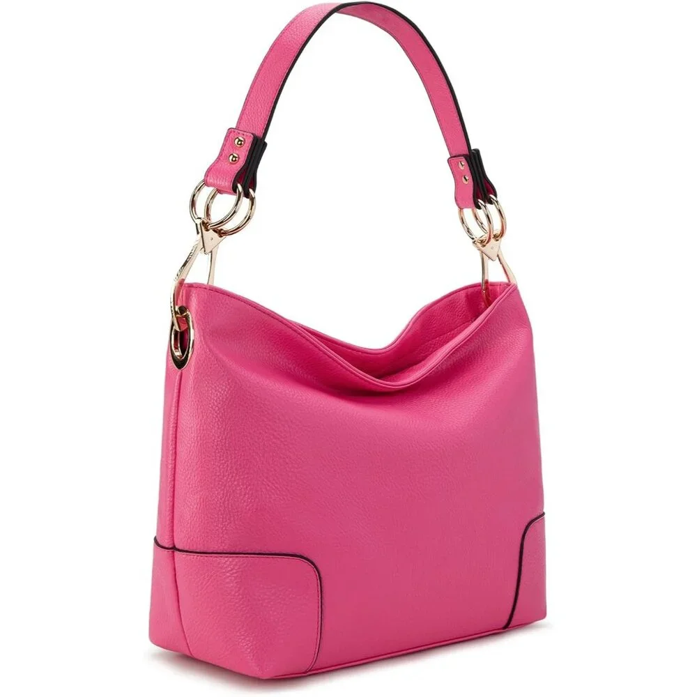 Women's Pink Satchel Bucket Top Wide Handle Elegant Stylish Shoulder Hobo Bag